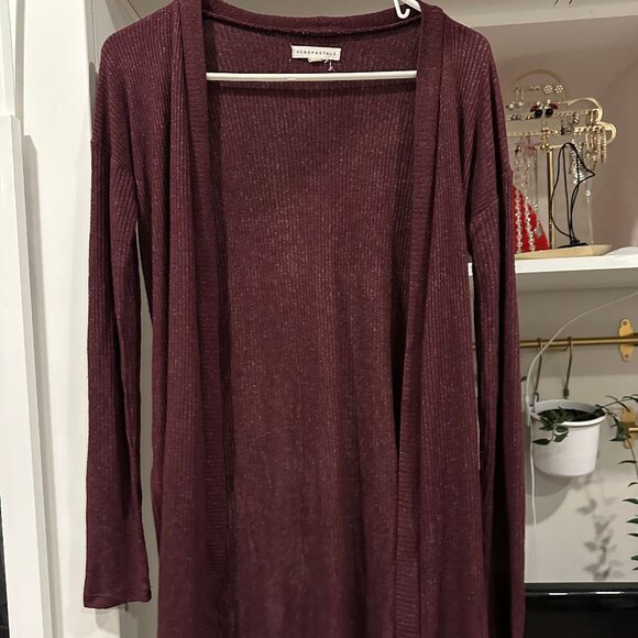 Aeropostale Long Open Heathered Burgundy Ribbed Cardigan Sweater Size Small - Picture 2 of 4